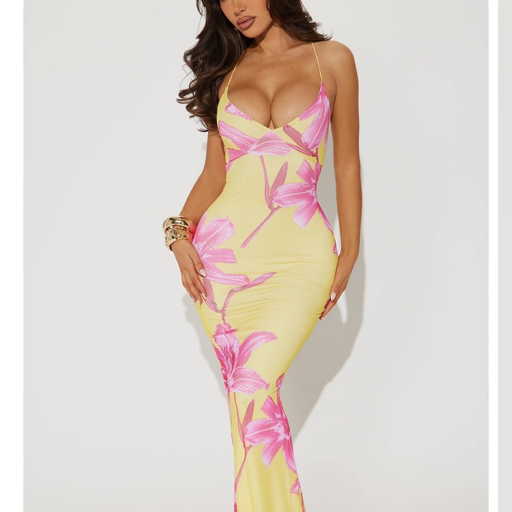 Fashion Nova Yellow and Pink Floral Maxi Dress